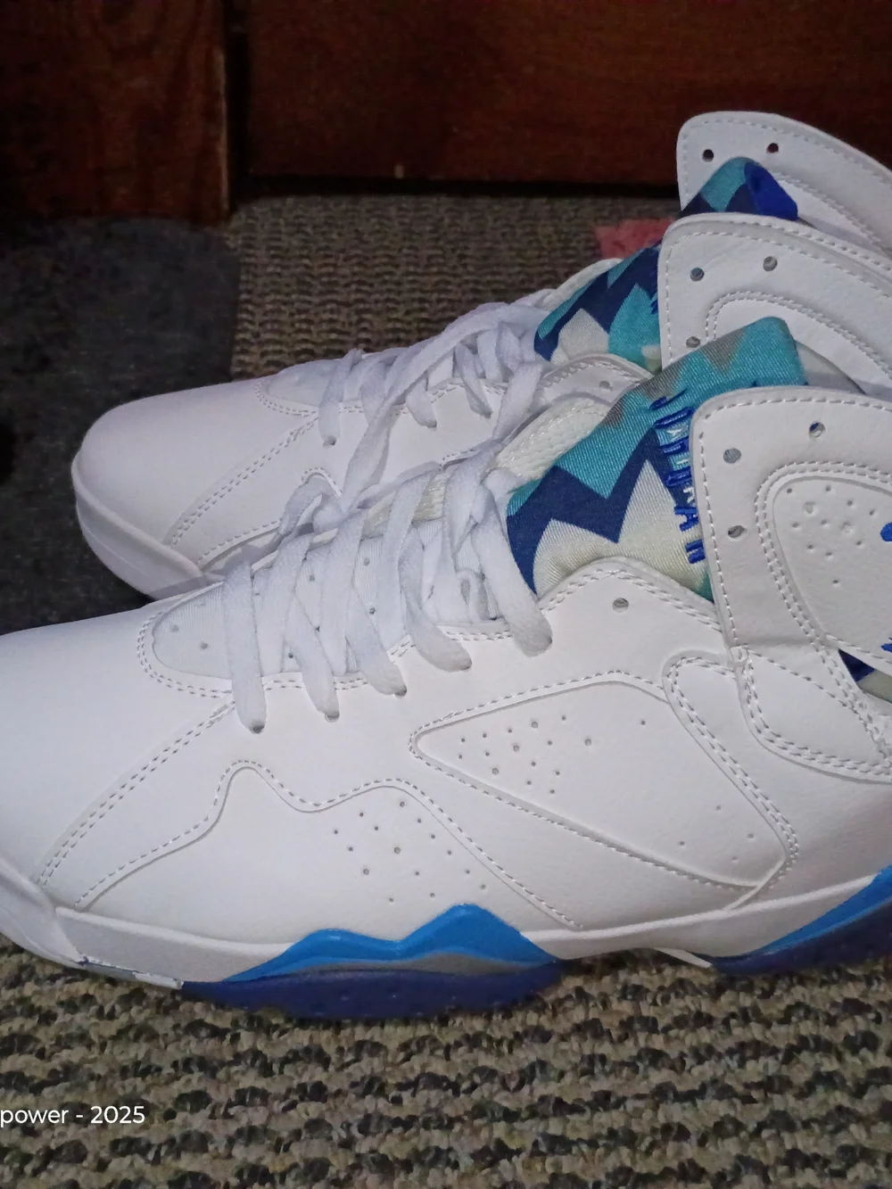 Men's Jordan 7s White and Blue High-Top Basketball Sneakers